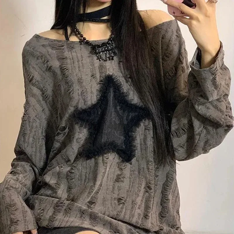 Y2K Hole Star Print T-Shirt Wo - огляд і ціна Embroidery Uniform